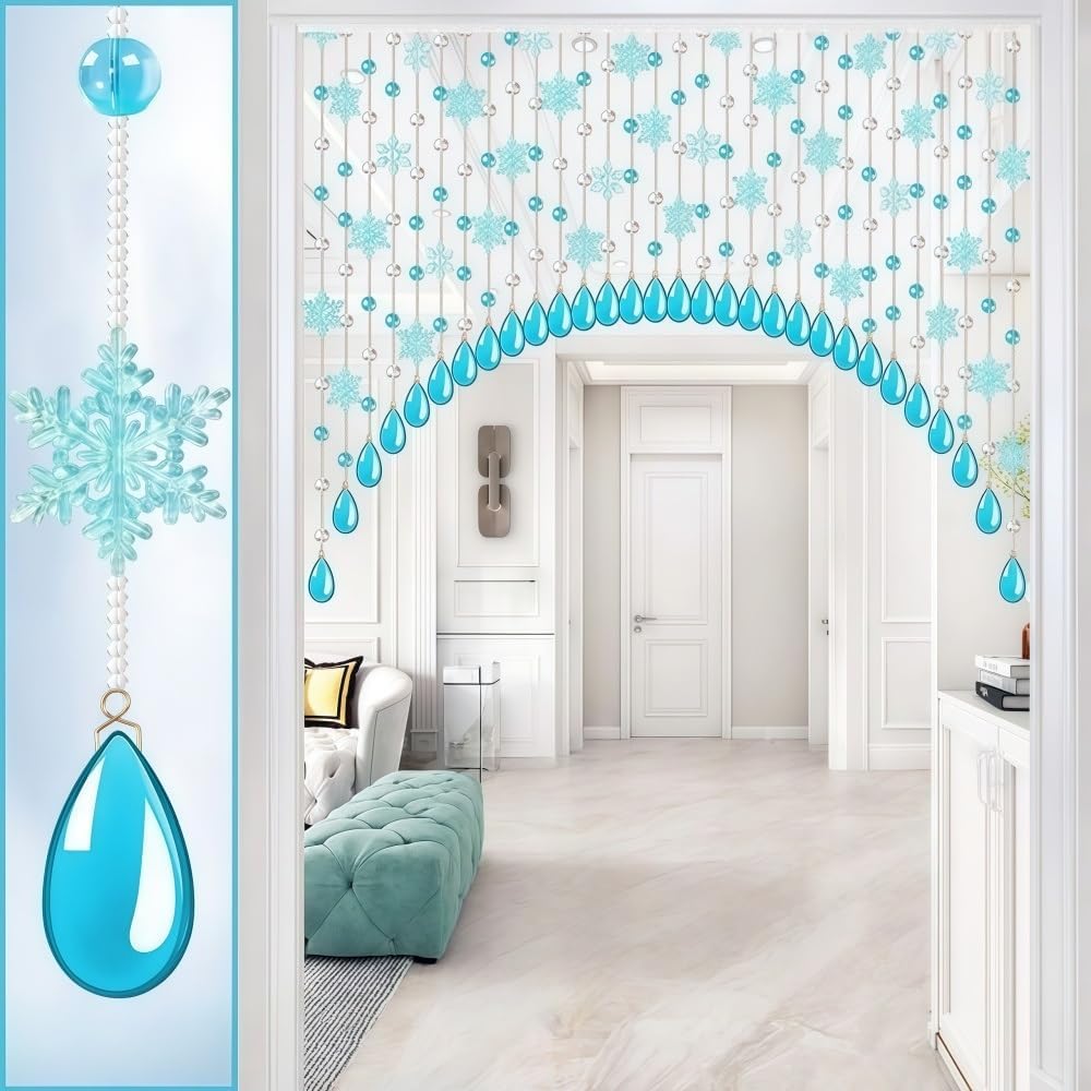 Crystal Beaded Curtain with Snowflake Accents Blue Medium