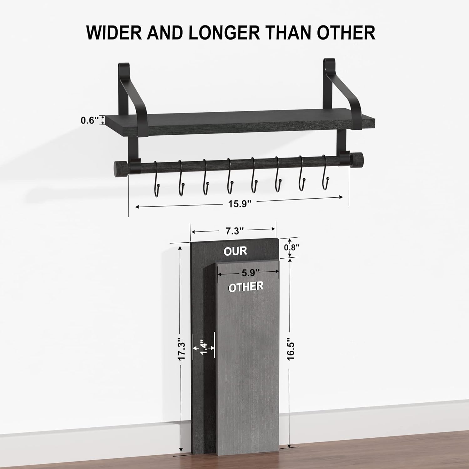Love-KANKEI Floating Shelves with 8 Hooks Black 173 Inch