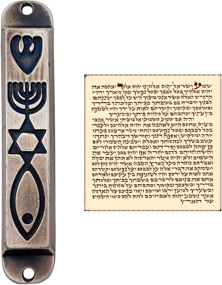 Pewter Messianic Seal Mezuzah Case with Scroll 4 Inch