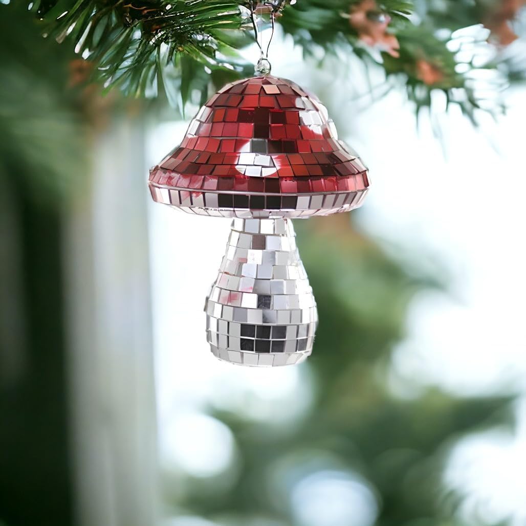 Cody Foster Co Disco Mirror Mushroom Ornament Shimmering Red and Silver Retro-Inspired Festive Decor 6-Inch Novelty