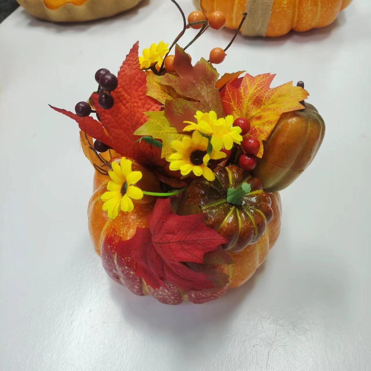 Fall Pumpkin Decor Centerpiece with Artificial Sunflowers and Autumn Leaves