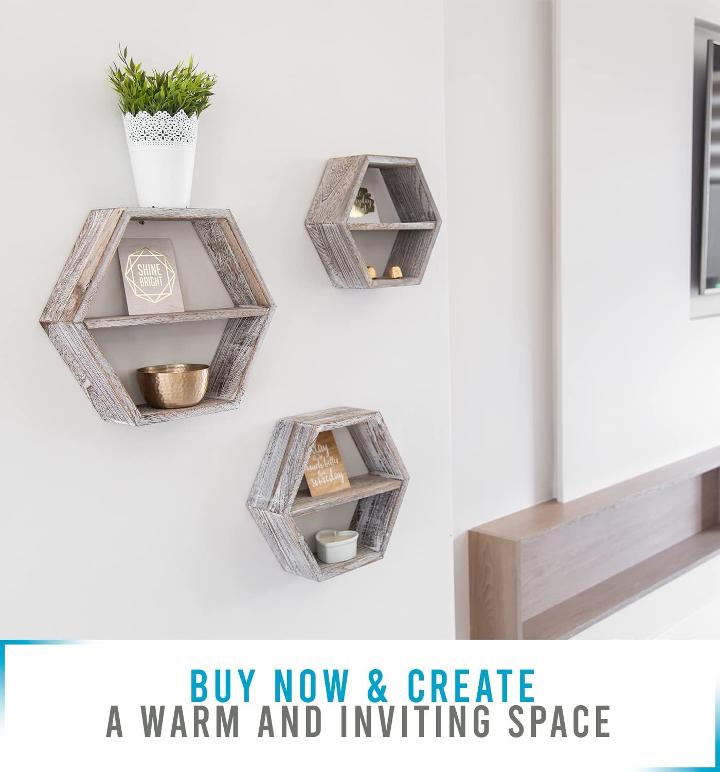 Comfify Rustic White Hexagonal Floating Shelves Set of 3