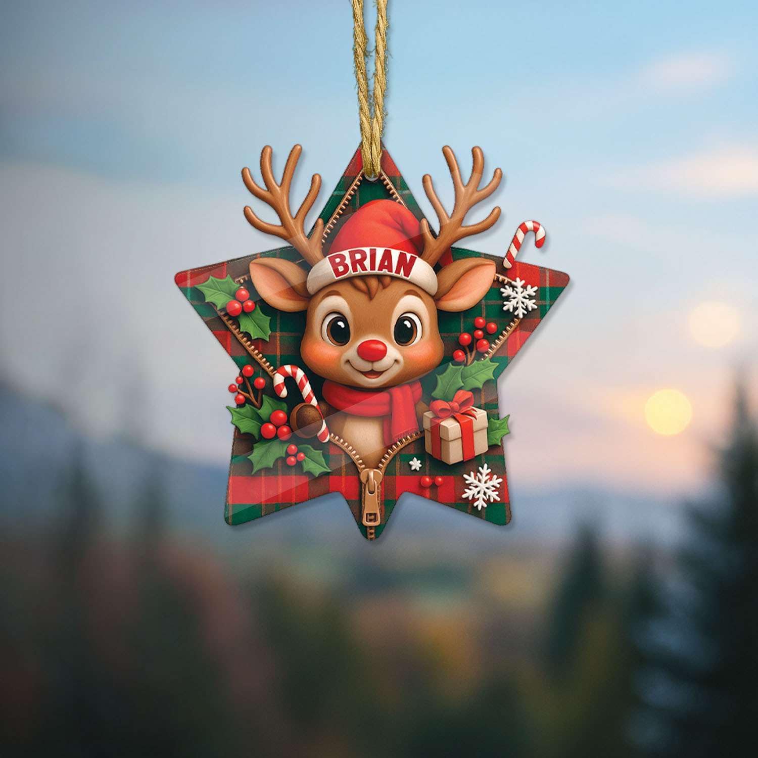 Personalized Reindeer Hanging Ornament Star Shape Acrylic Keepsake for Christmas