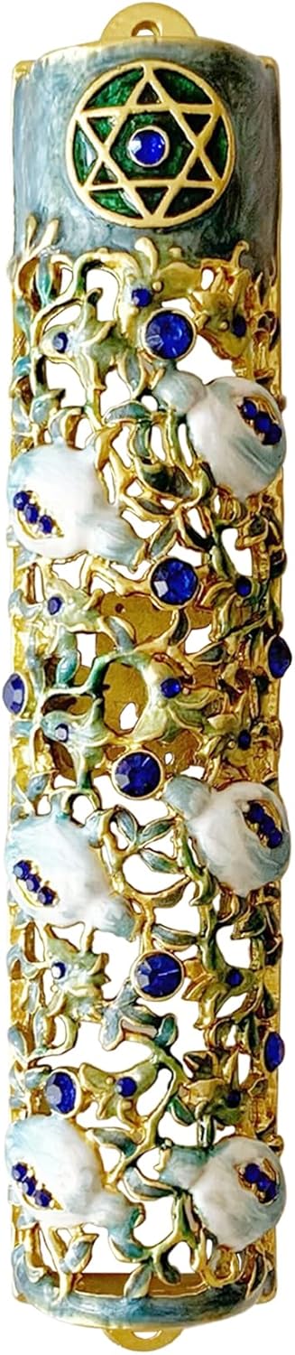 Hand Painted Mezuzah with Blue Crystal Accent