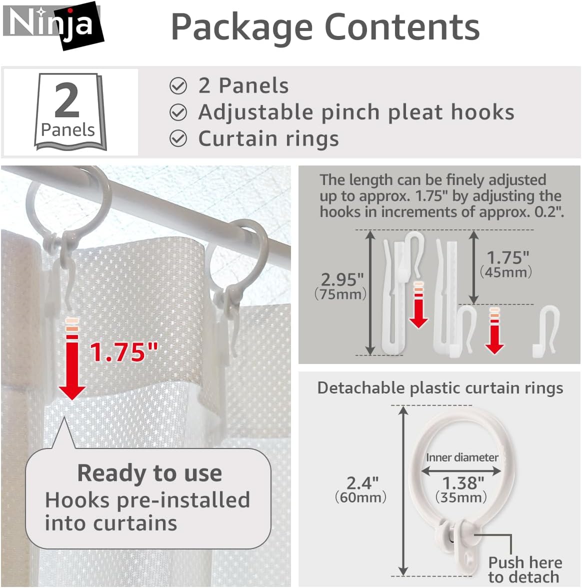 One-Way See Through Privacy Lace Curtains Ninja 2 Panels Set