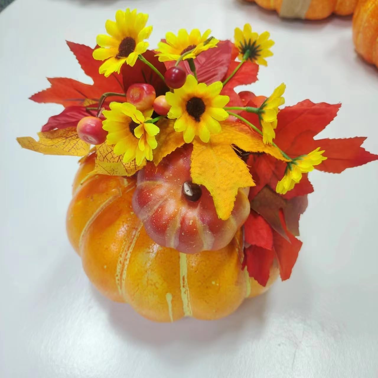 Fall Pumpkin Decor Centerpiece with Artificial Sunflowers and Autumn Leaves