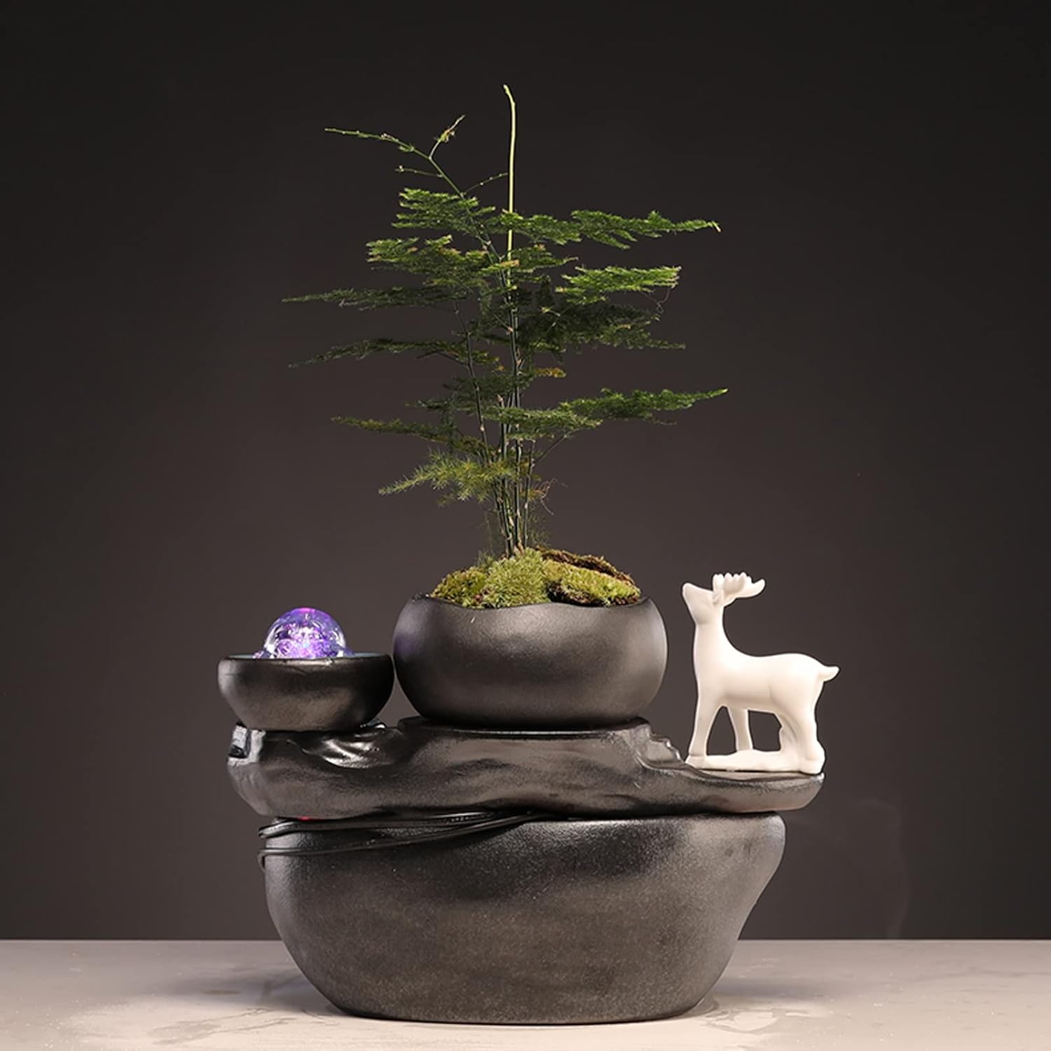 Black Ceramic Table Fountain with Mist and Animal Sculpture