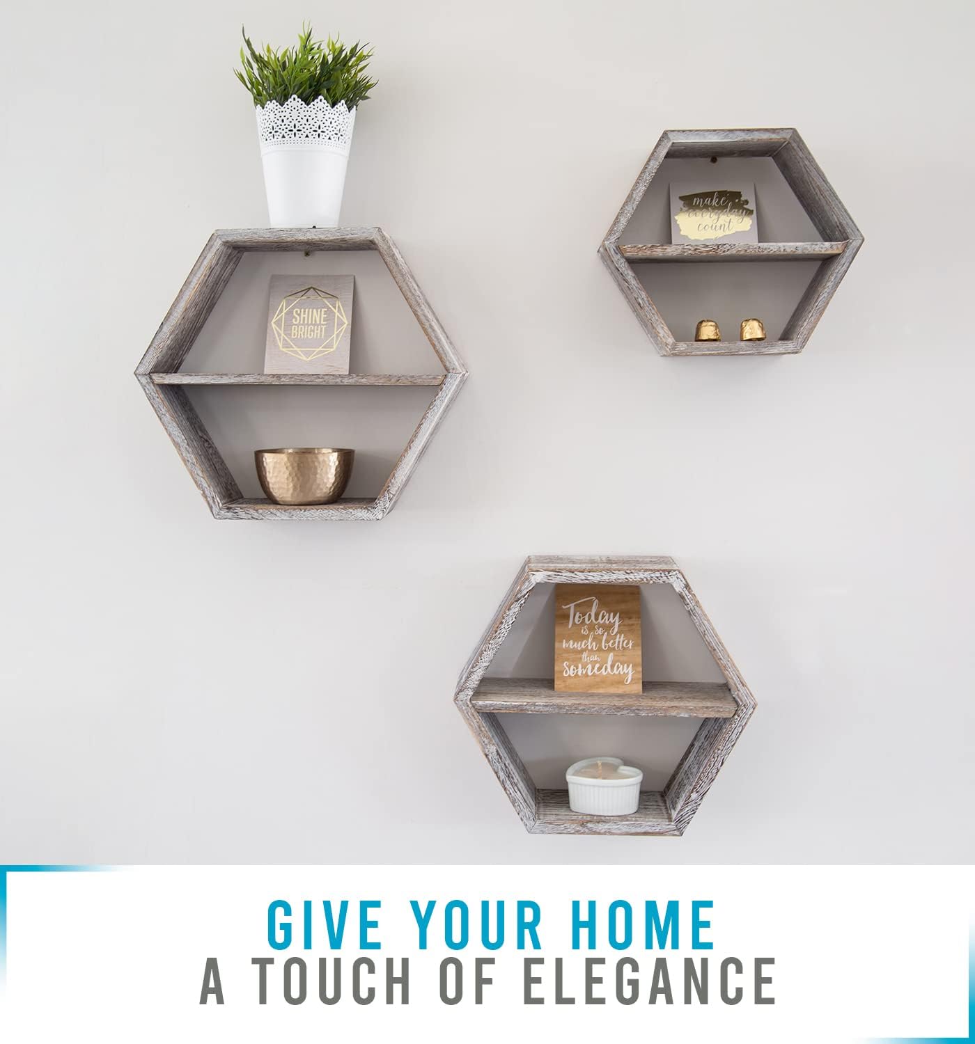 Comfify Rustic White Hexagonal Floating Shelves Set of 3