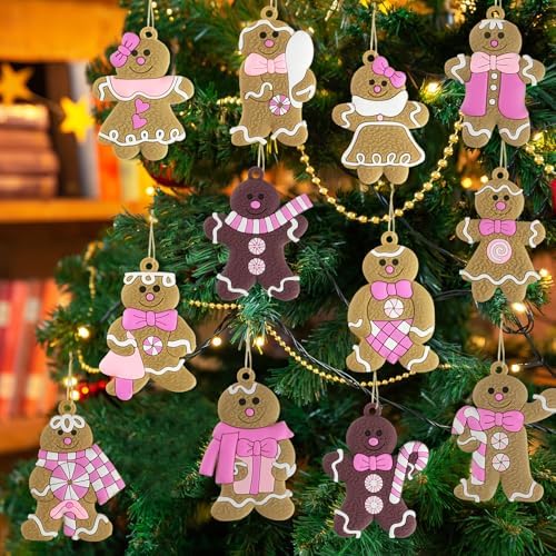 Pink Gingerbread Man Christmas Tree Decorations 12pcs Hanging Ornaments
