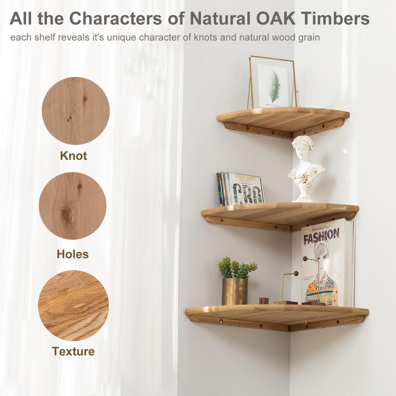 Set of 2 Floating Corner Shelves in Solid Oak Wood