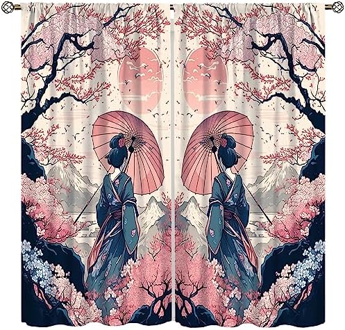 Yoakiet Decorative Blackout Curtains Kimono Woman with Cat 42x63in