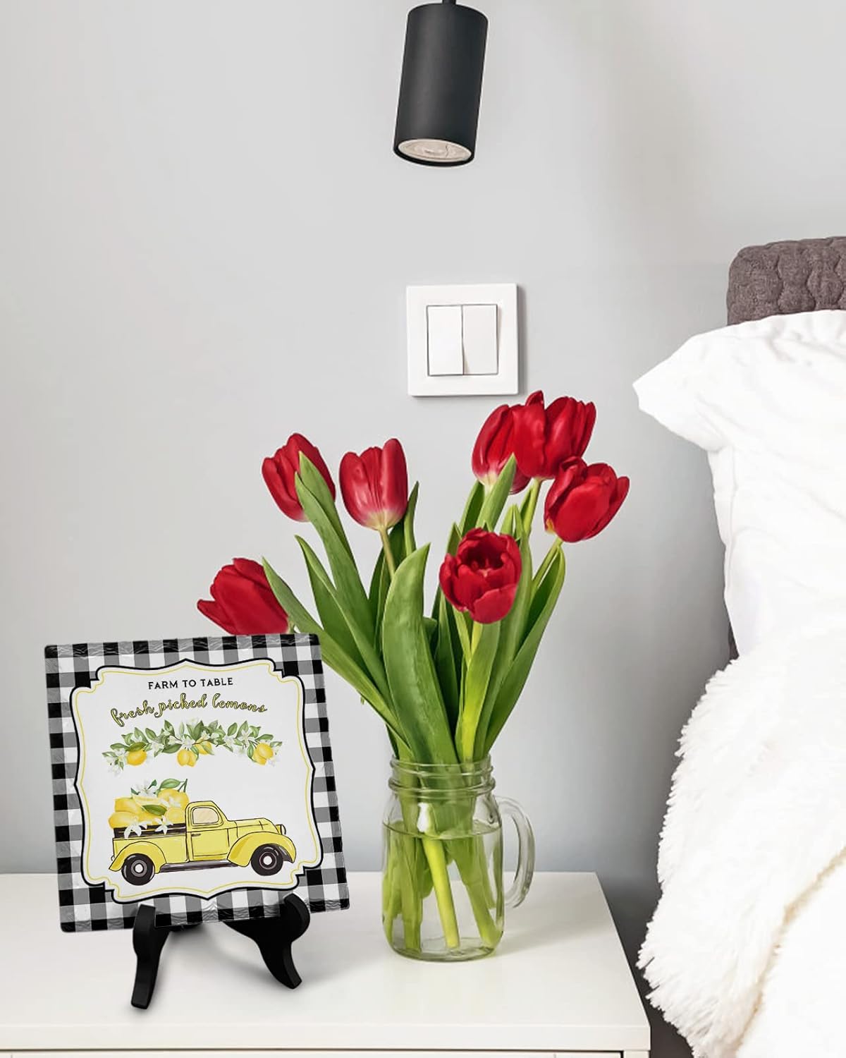 ZOE GARDEN Summer Lemon Black White Buffalo Plaid Farm Check Ceramic Ornament 63x63