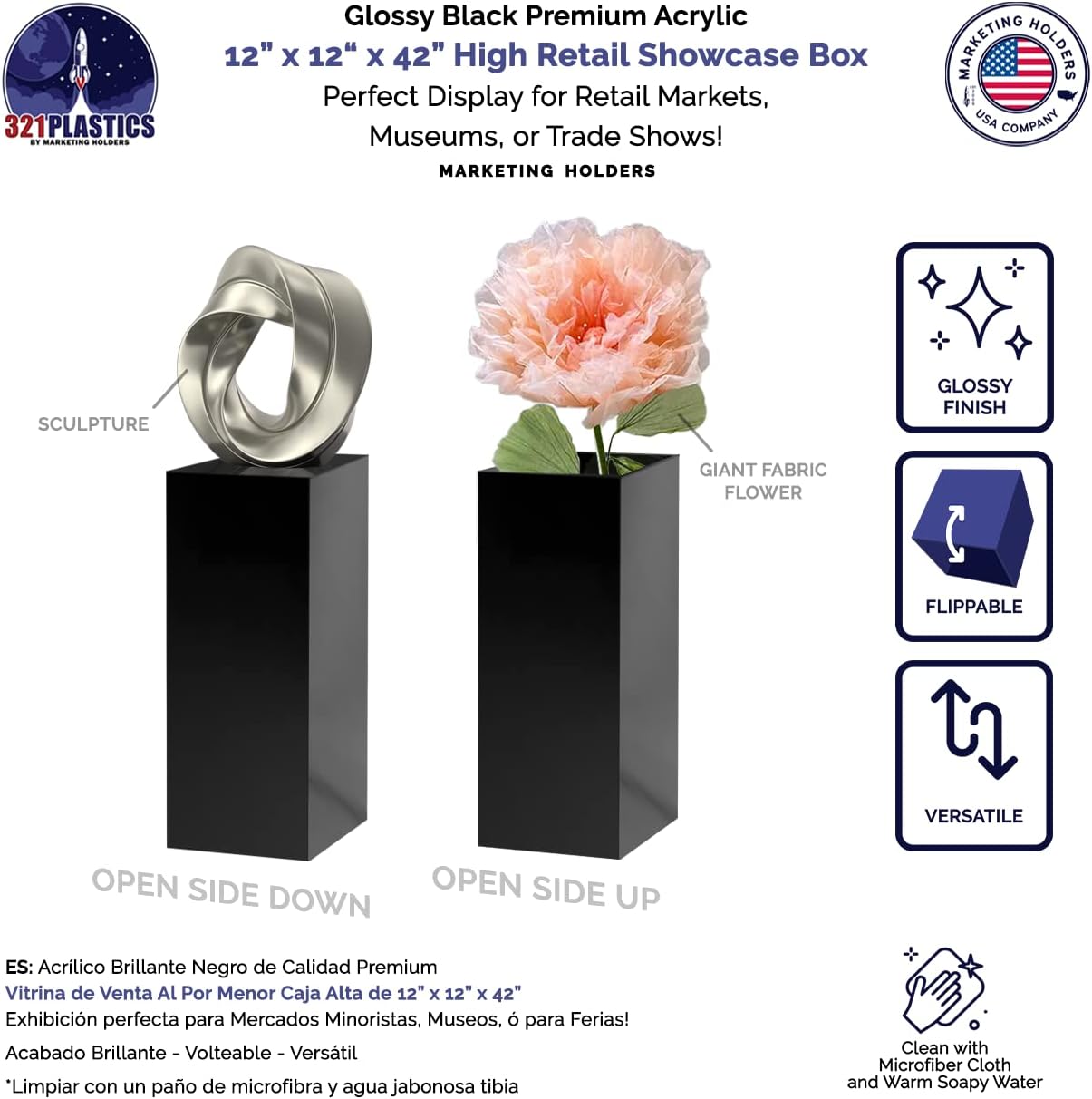 12x12x42 Inch Black Lucite Display Cube Pedestal