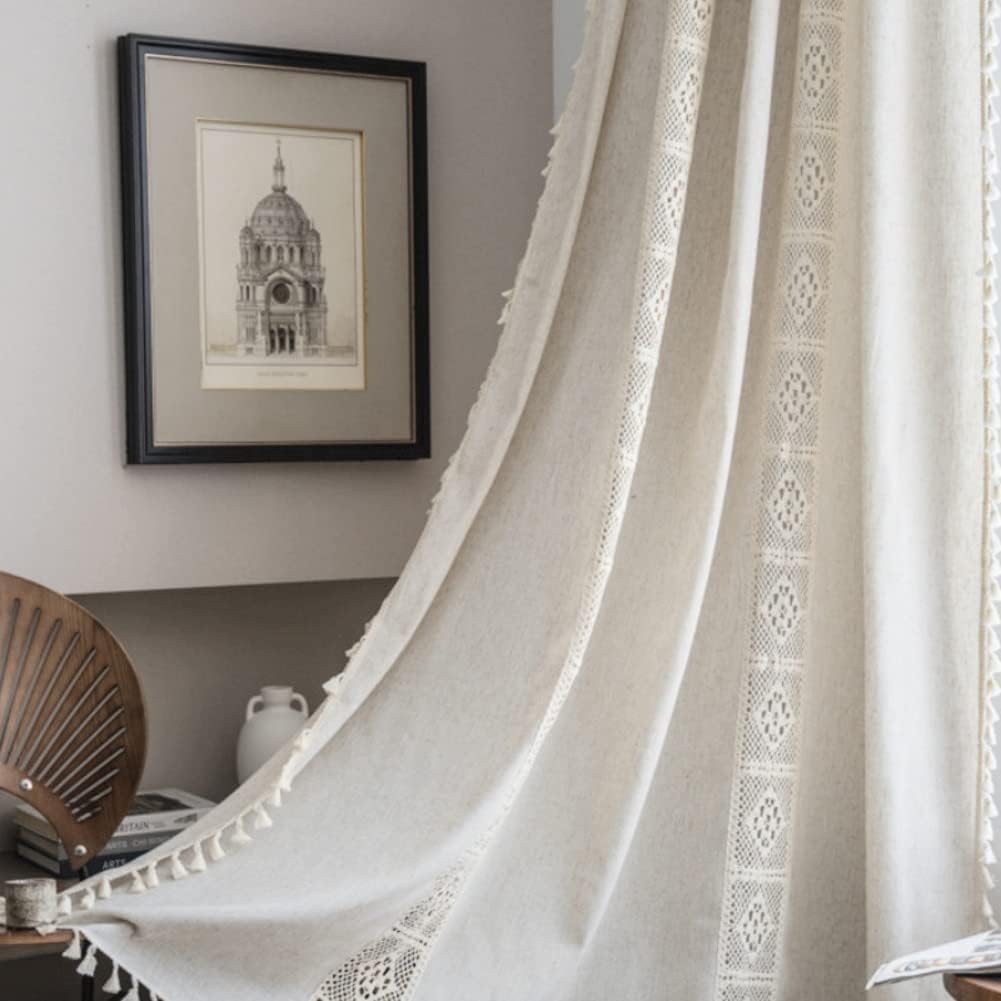 AMZALI Boho Curtains with Tassel 59 x 63 Beige Panel