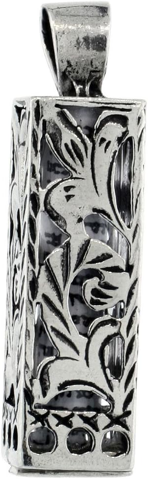 Sterling Silver Mezuzah Necklace with Floral Pattern