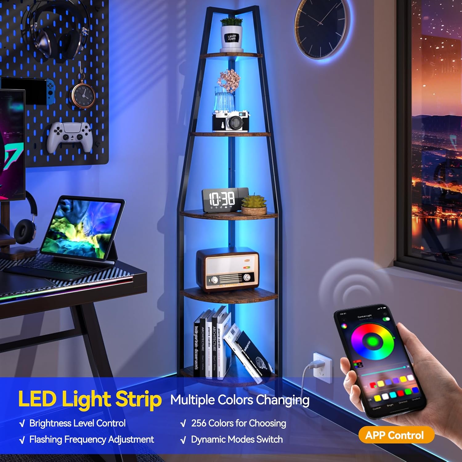 Furnulem 5 Tier Corner Shelf with LED Light