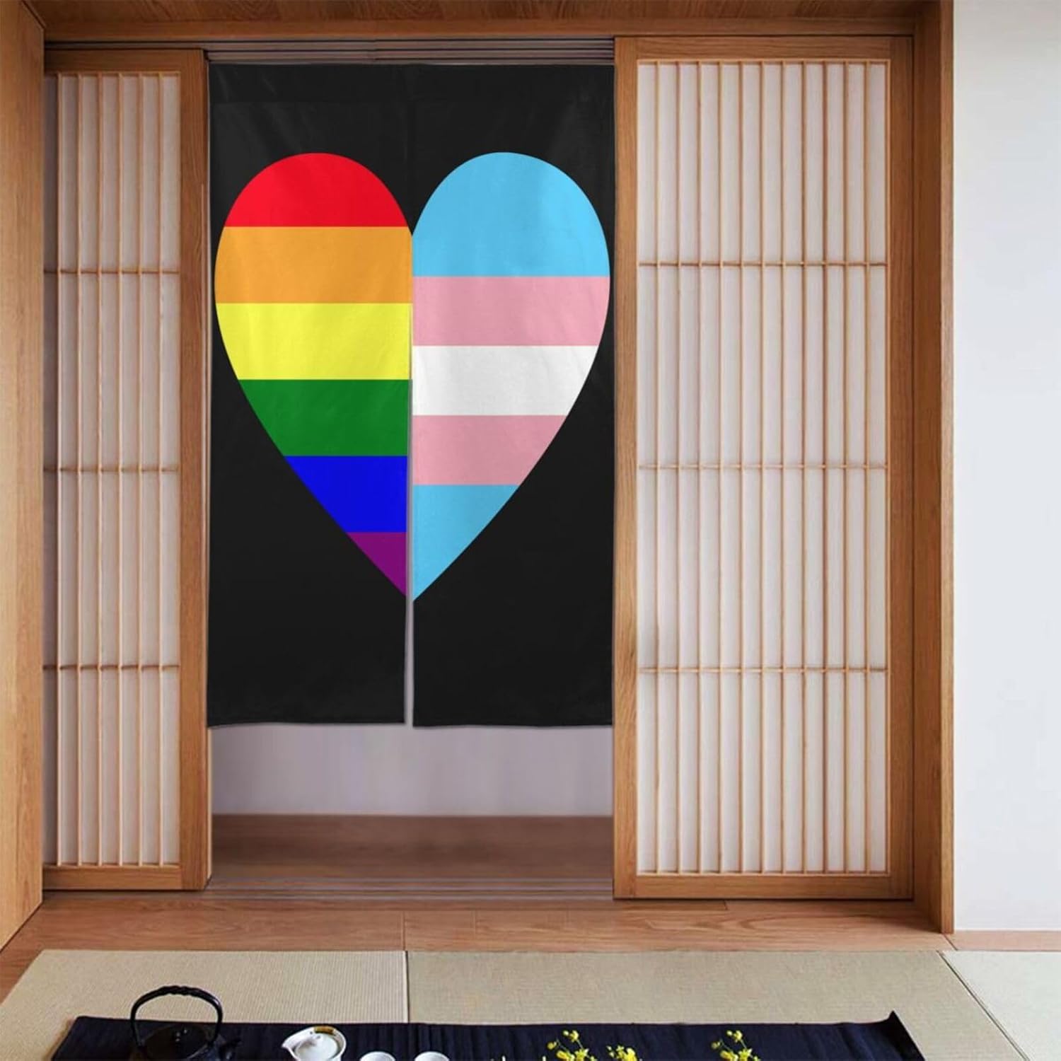 Rainbow Transgender Pride Flag Heart Door Curtain