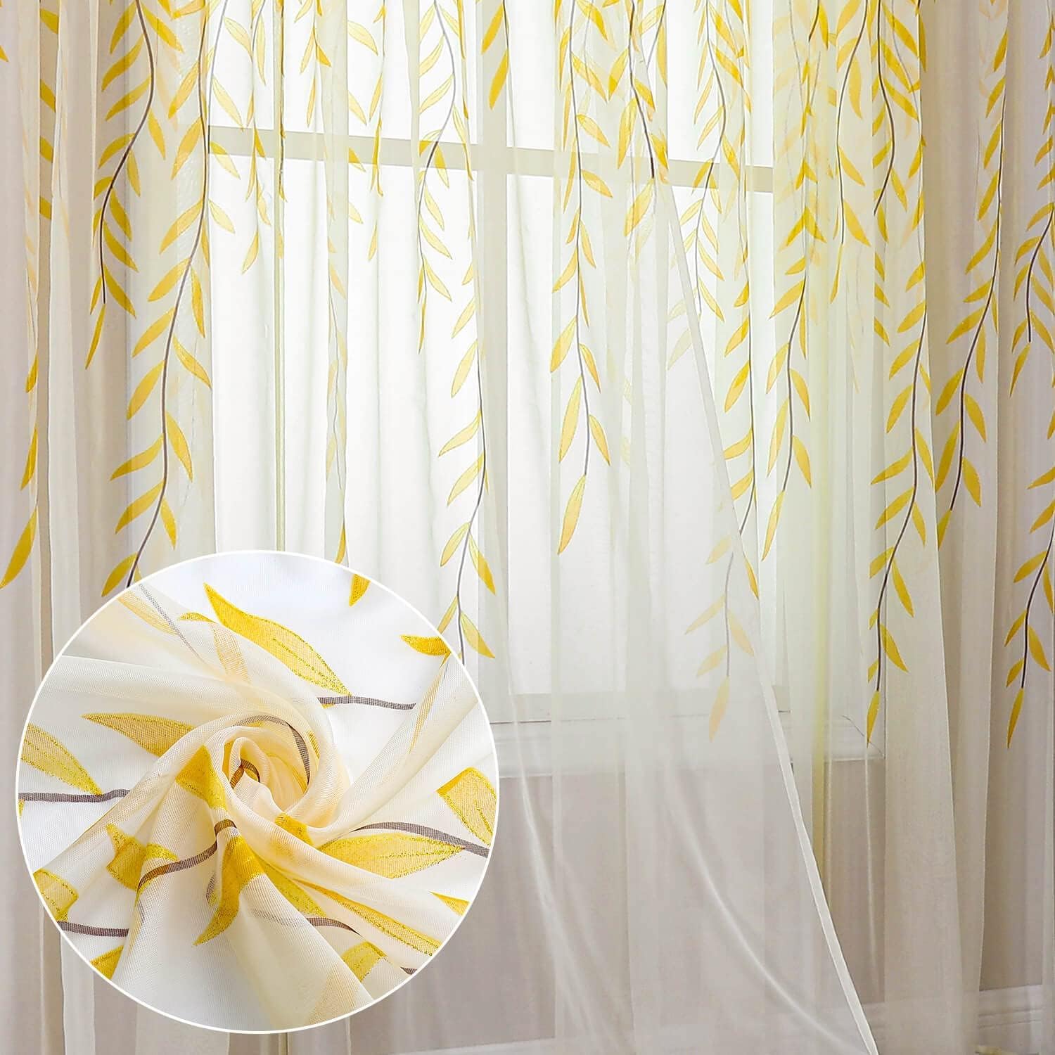 BROSHAN Yellow Sheer Curtains 2 Panels Voile