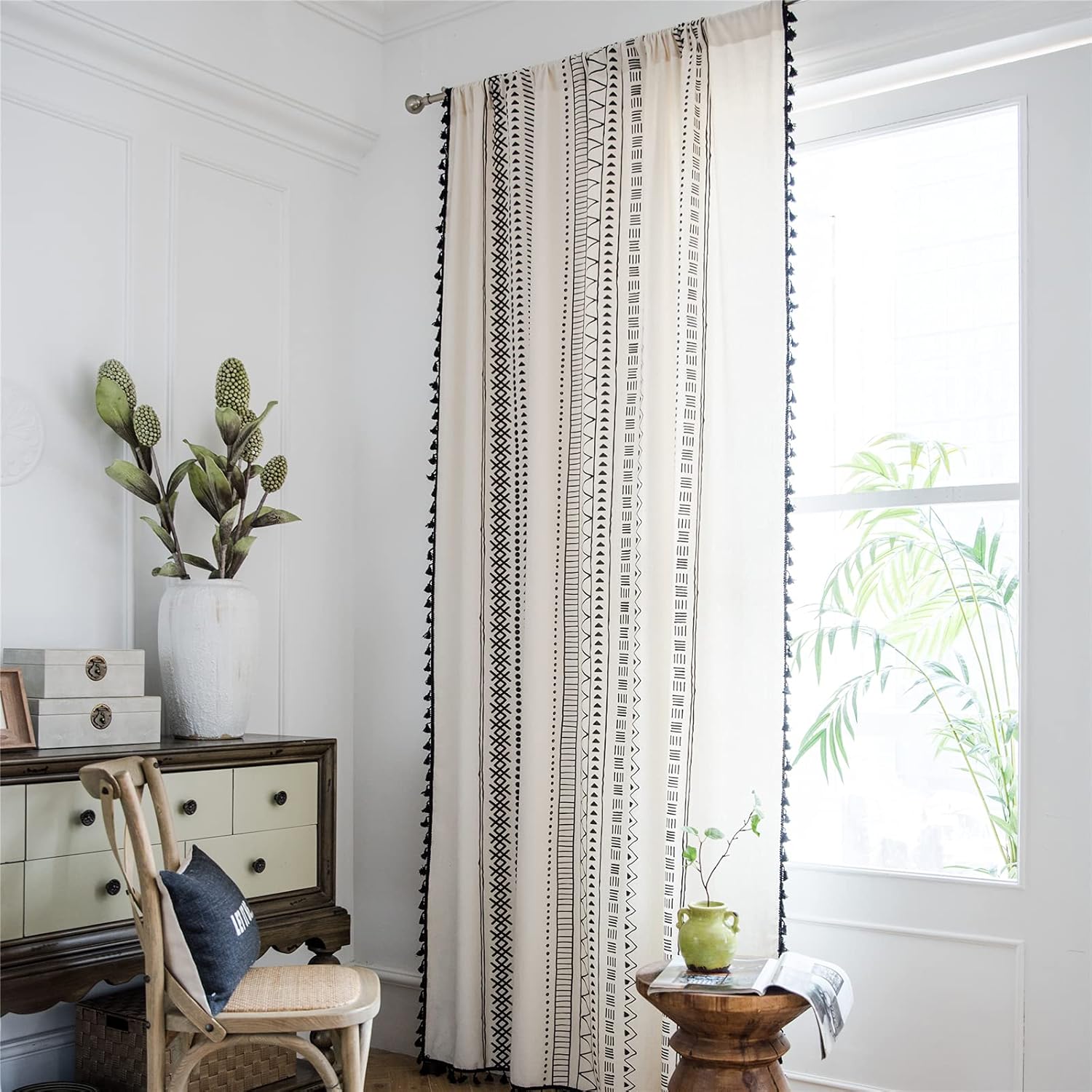 Deeprove Boho Curtain Panel with Black Tassels
