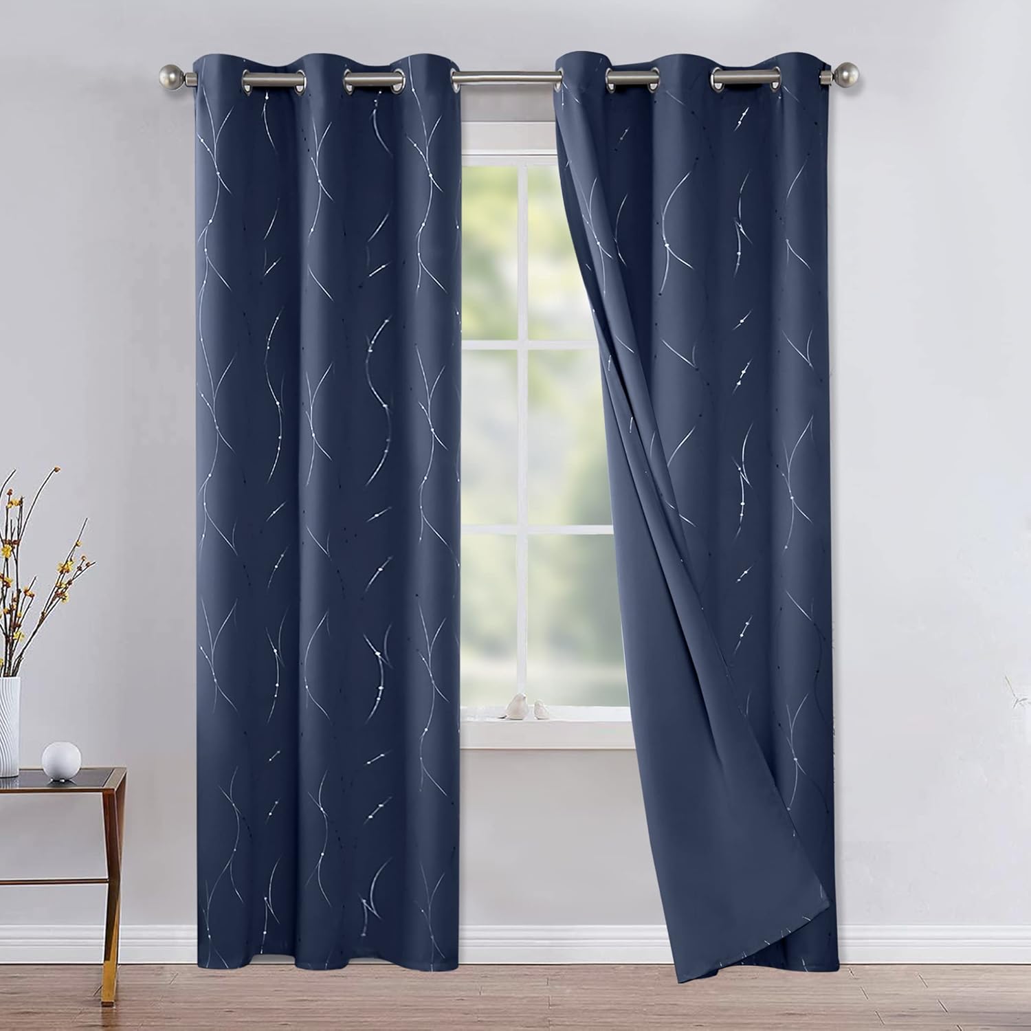 BUHUA Blackout Curtains with Floral Pattern Navy 72 Inch Length 2 Panels
