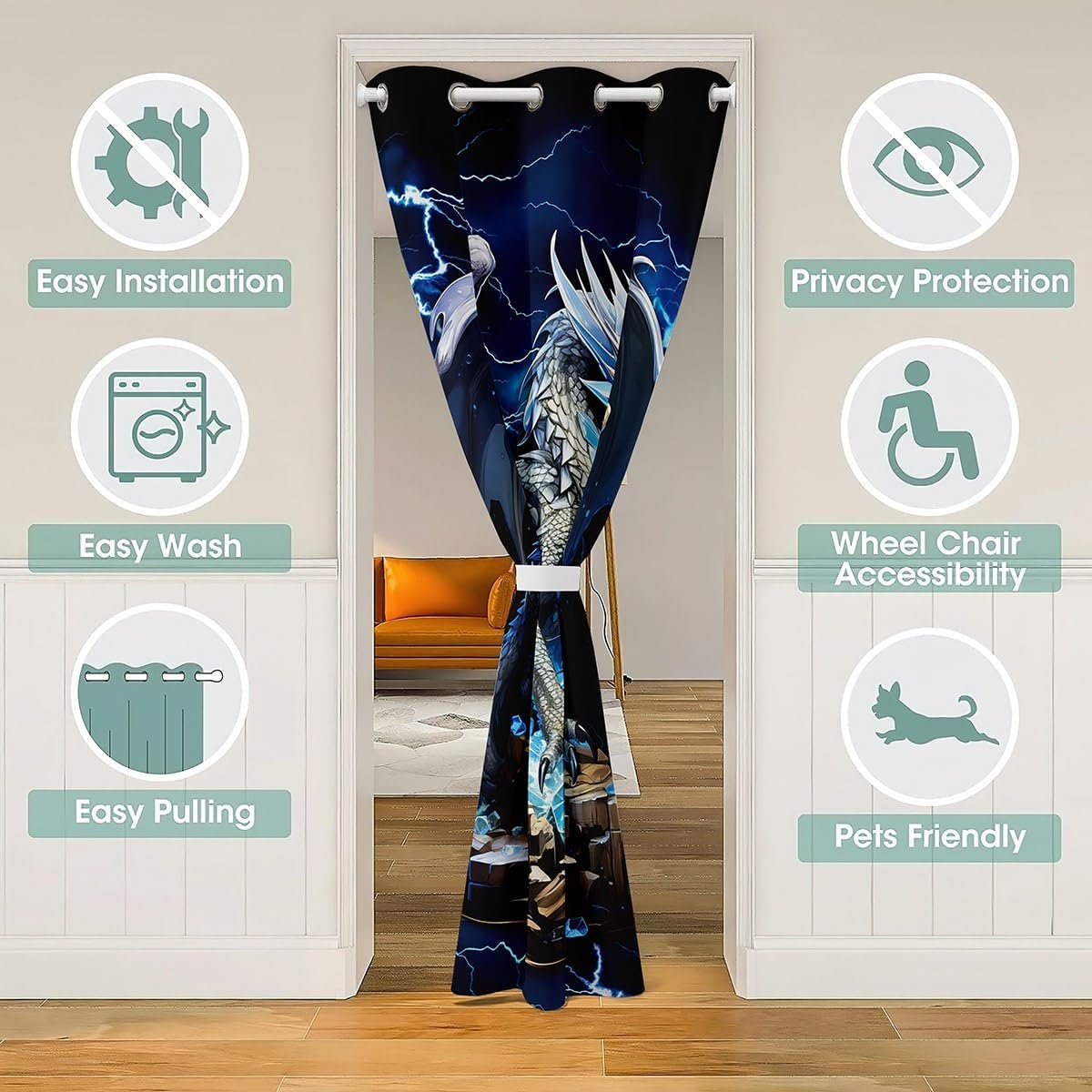 3D Western Dragon Door Curtain 34 x 80 Blue Shiny