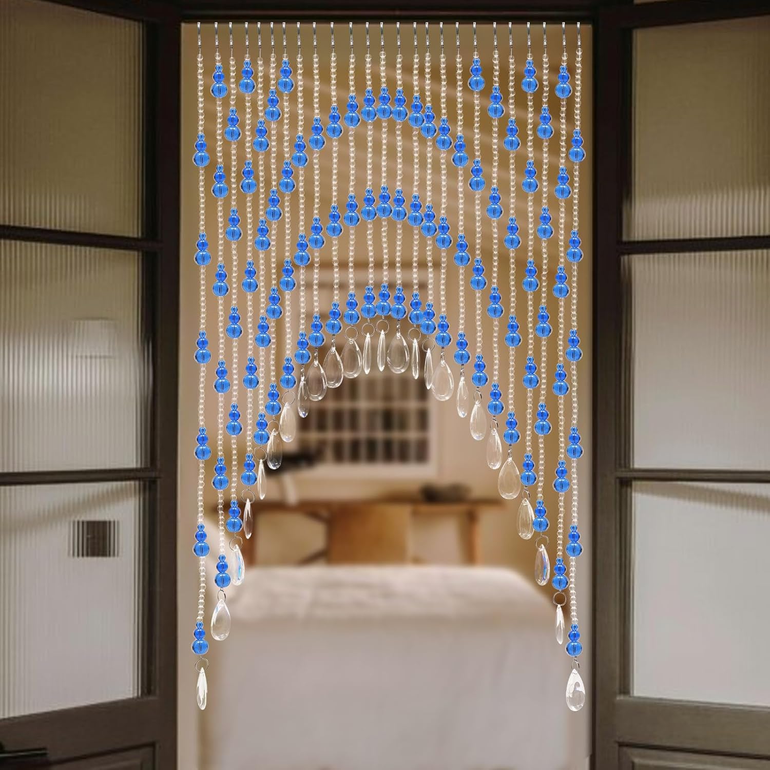 Blue Clear Arched Glass Beaded Curtain for Doorway and Windows