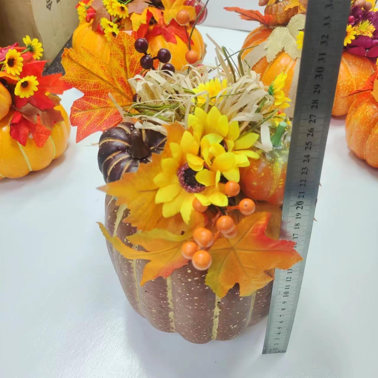 Fall Pumpkin Decor Centerpiece with Artificial Sunflowers and Autumn Leaves