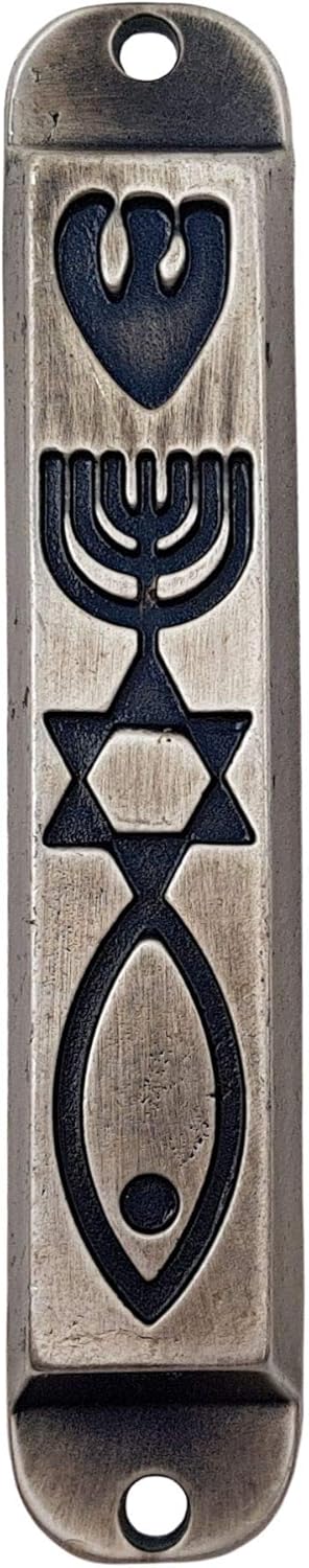 Pewter Messianic Seal Mezuzah Case with Scroll 4 Inch