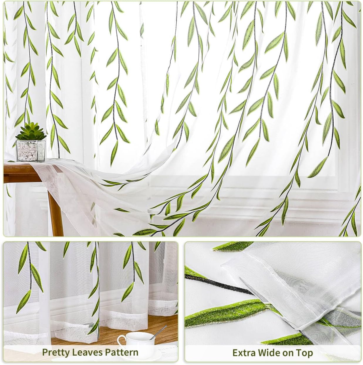 BROSHAN Sheer Curtains 72 Inches Long Leaf Pattern 2 Panel Set