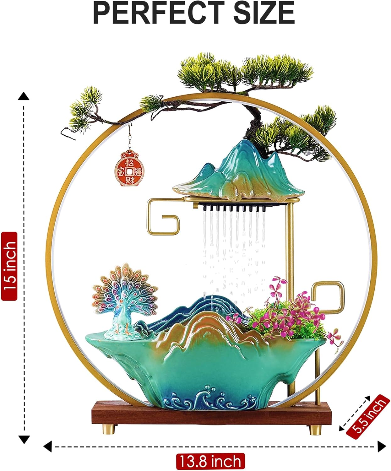 Peacock Tabletop Waterfall Fountain with LED Light