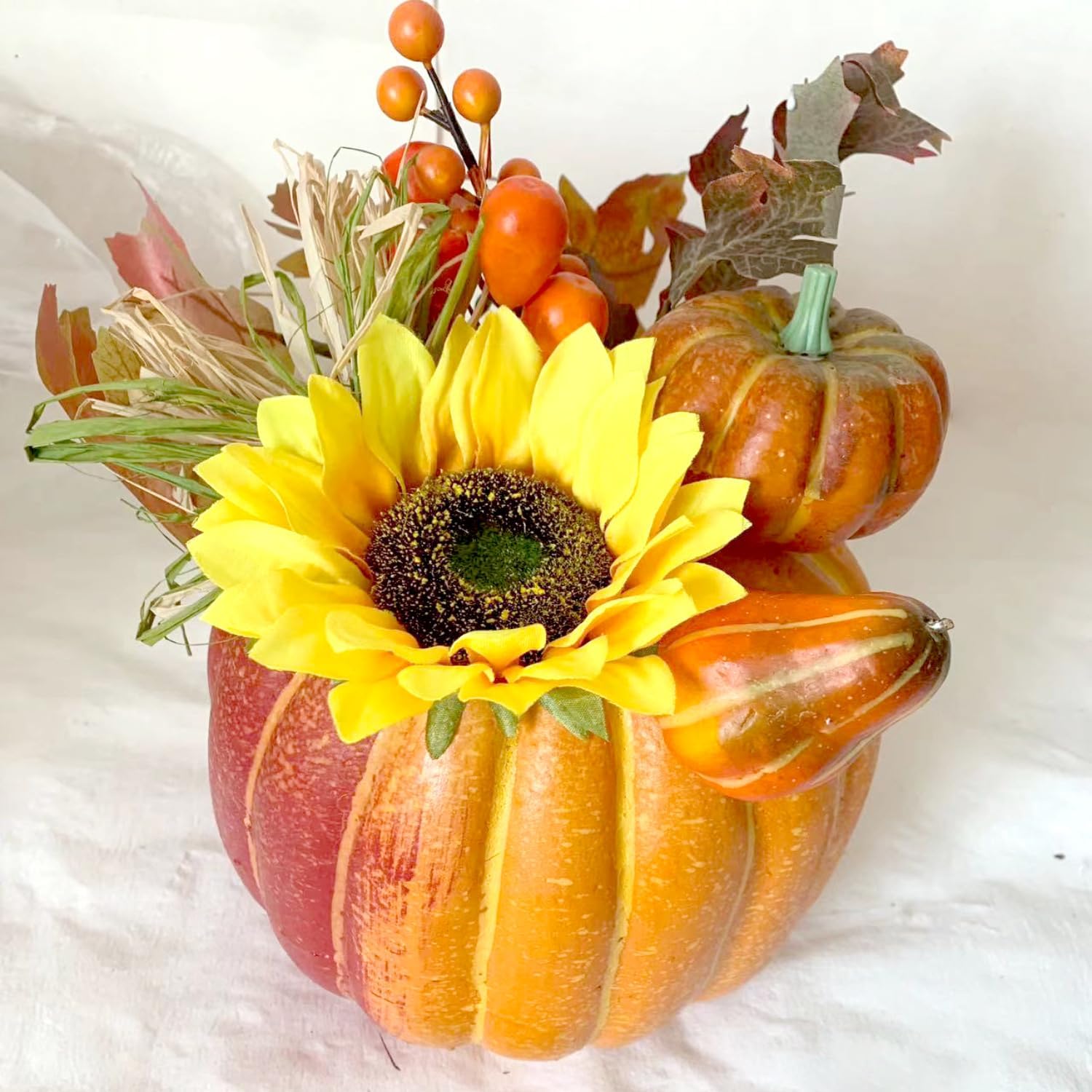 Fall Pumpkin Decor Centerpiece with Artificial Sunflowers and Autumn Leaves