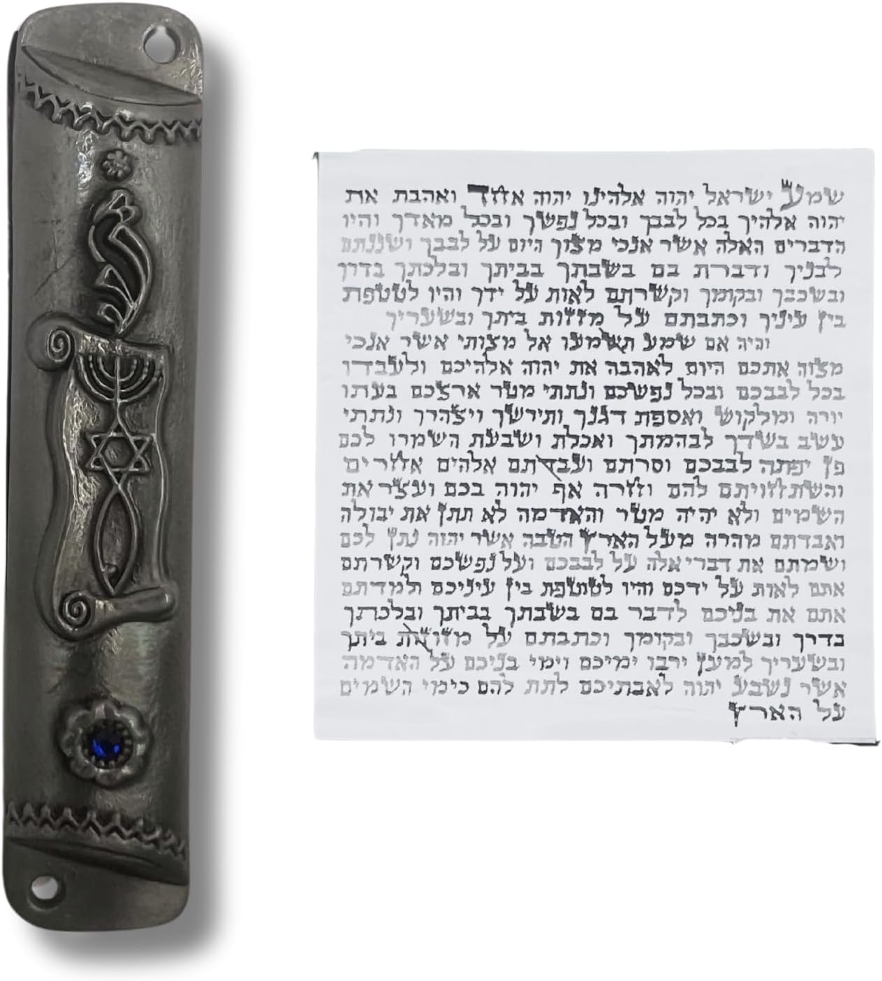 Silver Mezuzah with Scroll - Antique Look Blue Stone Accent 4 Inches Tall
