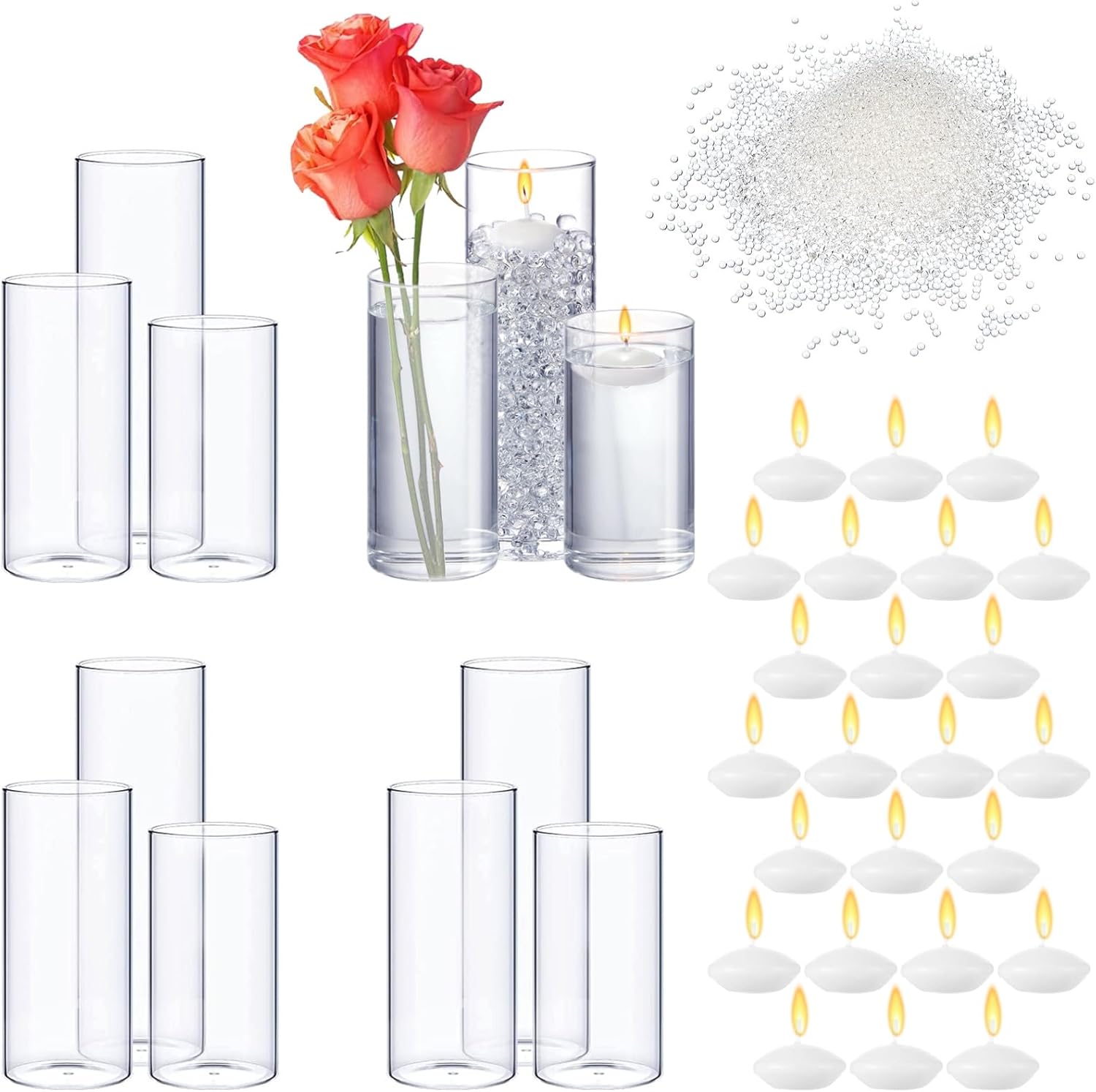 Sawysine 12 Pcs Glass Cylinder Vase with Floating Candles and Water Gel Beads