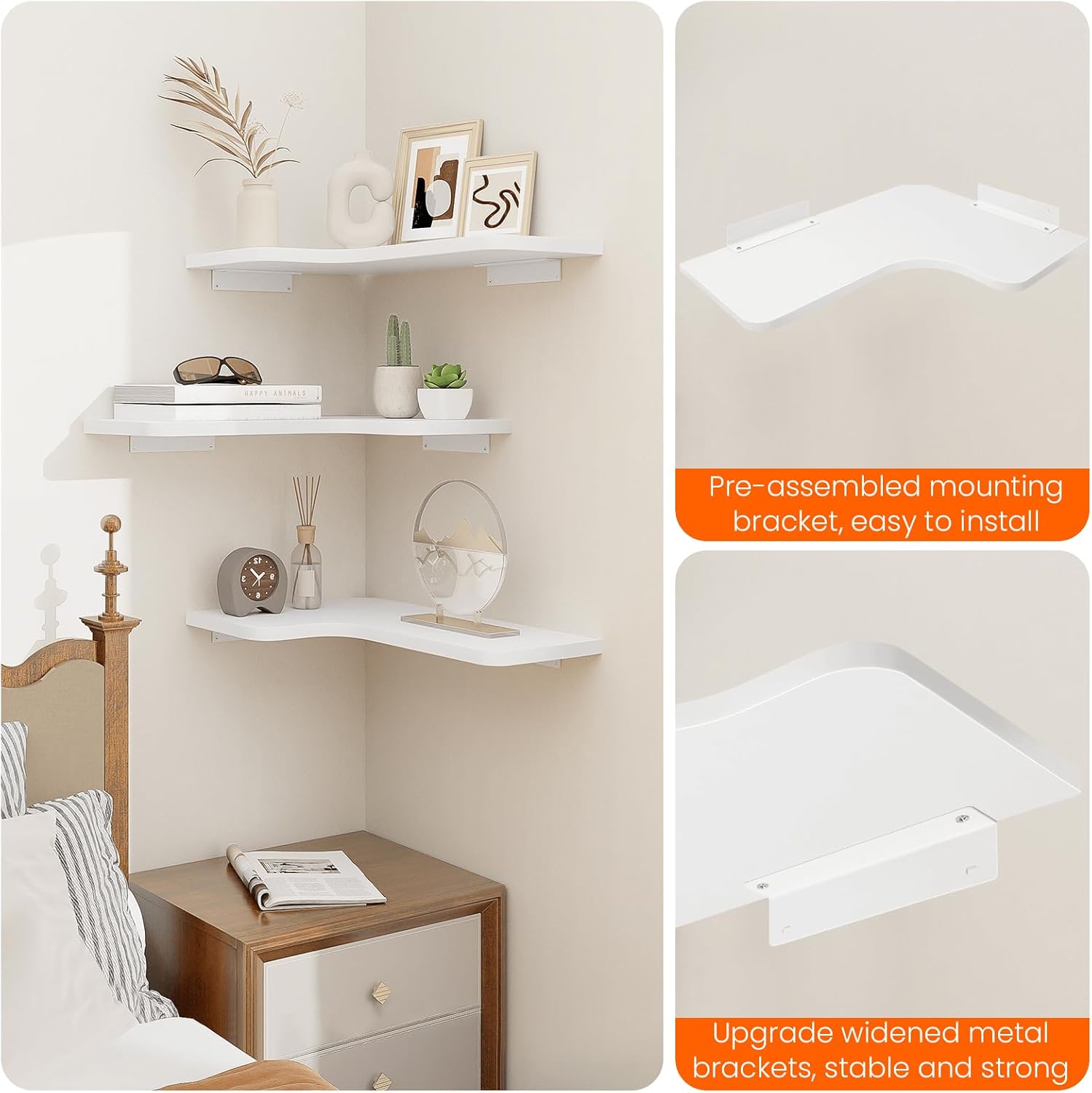 Homode Corner Floating Shelves Set of 3 White