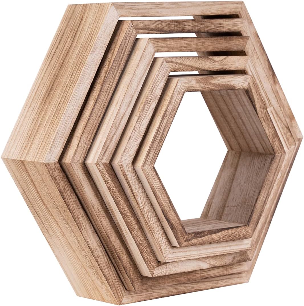 WONFUlity Hexagon Floating Shelf Wall Mount Wood Decor