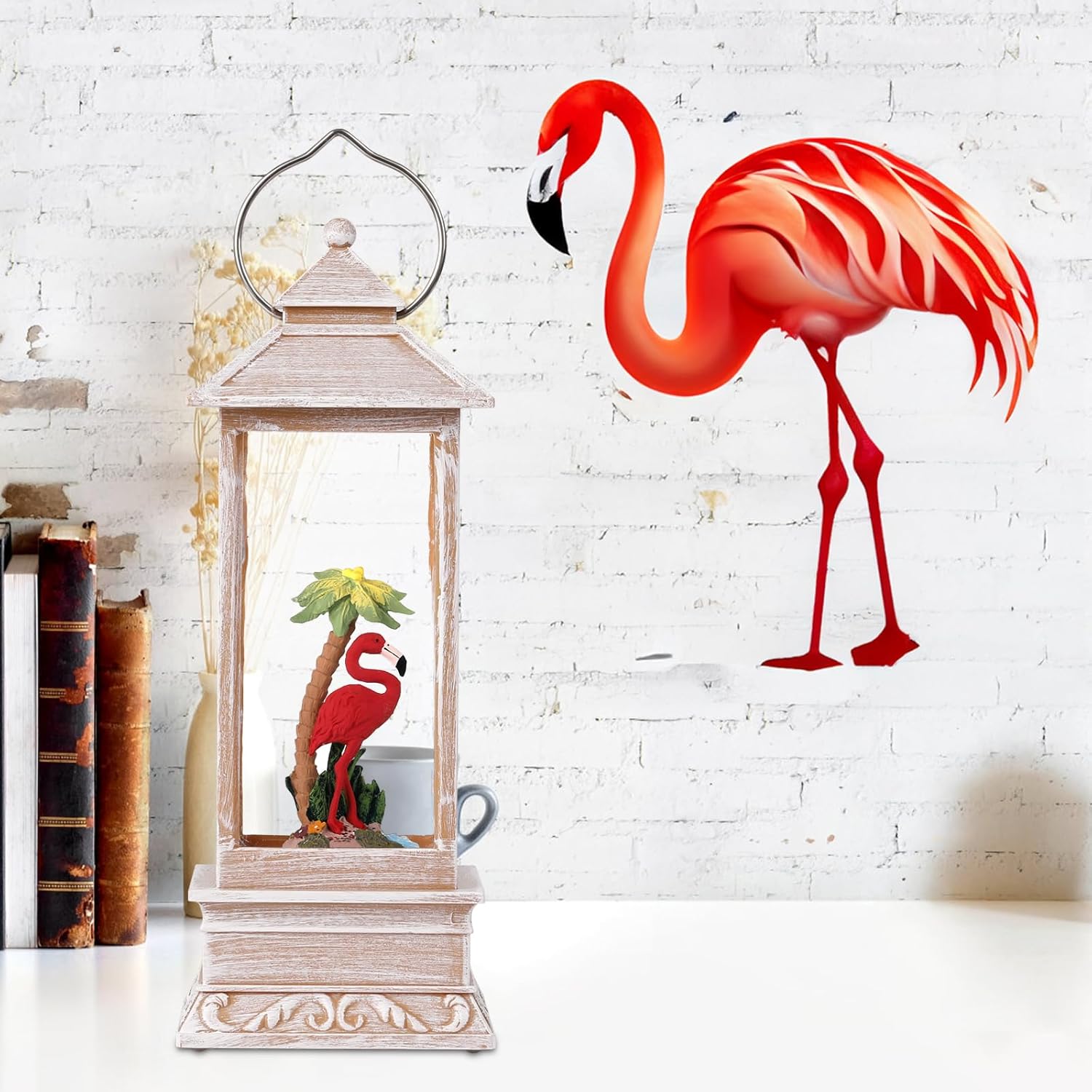 Pink Flamingo Snow Globe Lantern with Timer