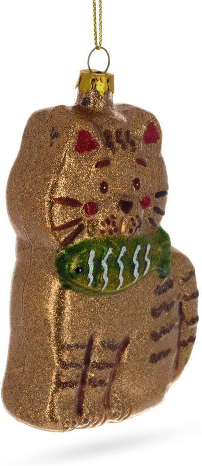 Sparkling Glittered Gingerbread Cat Fish Ornament