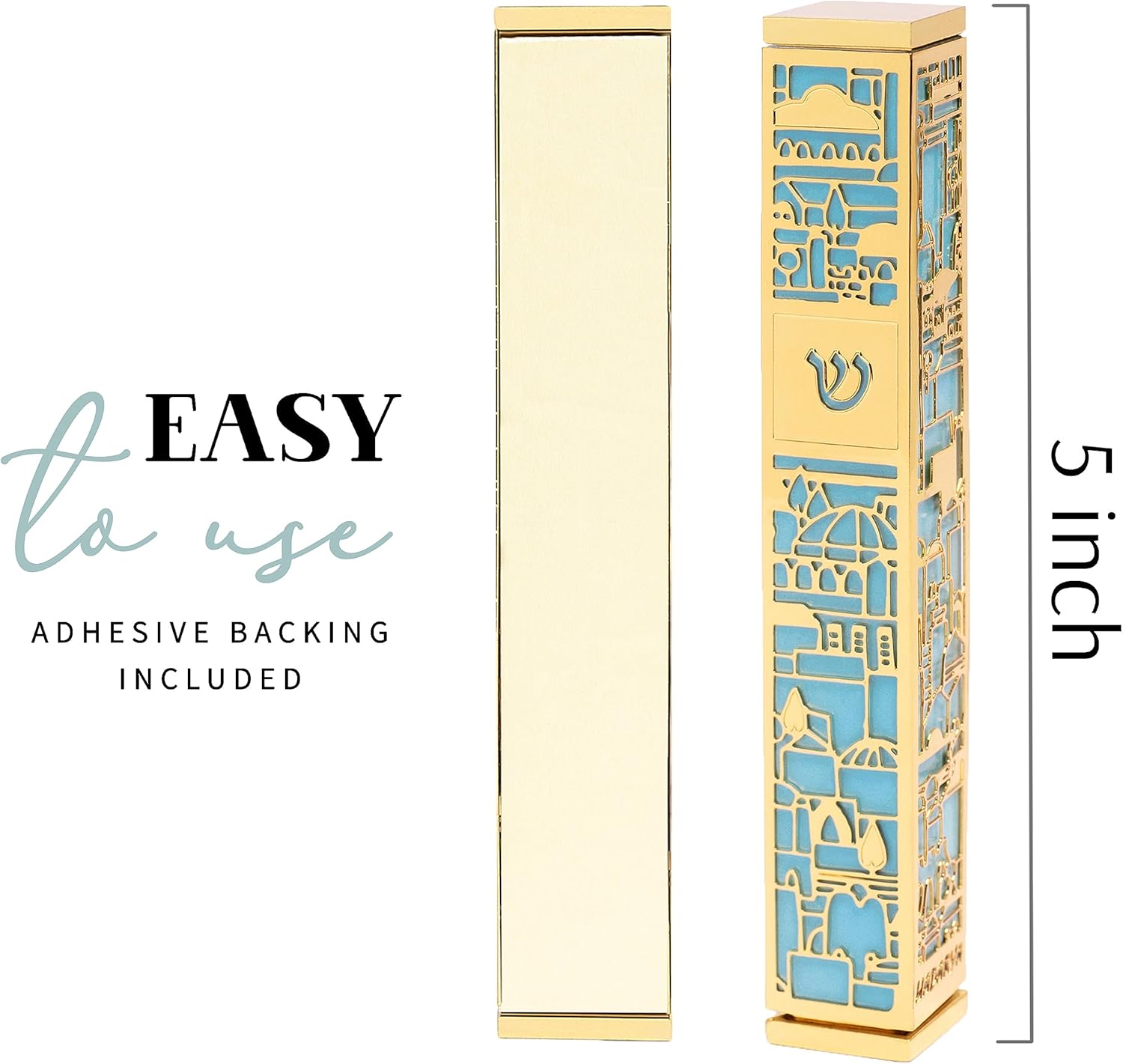 SURI Mezuzah with Jerusalem Design 5-Inch Gold Turquoise Case