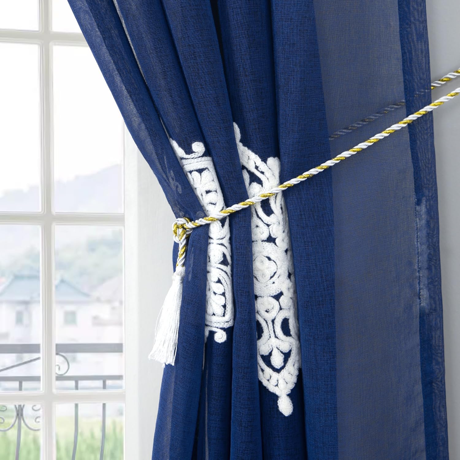 VOGOL White Flower Embroidered Sheer Curtains 2 Panels