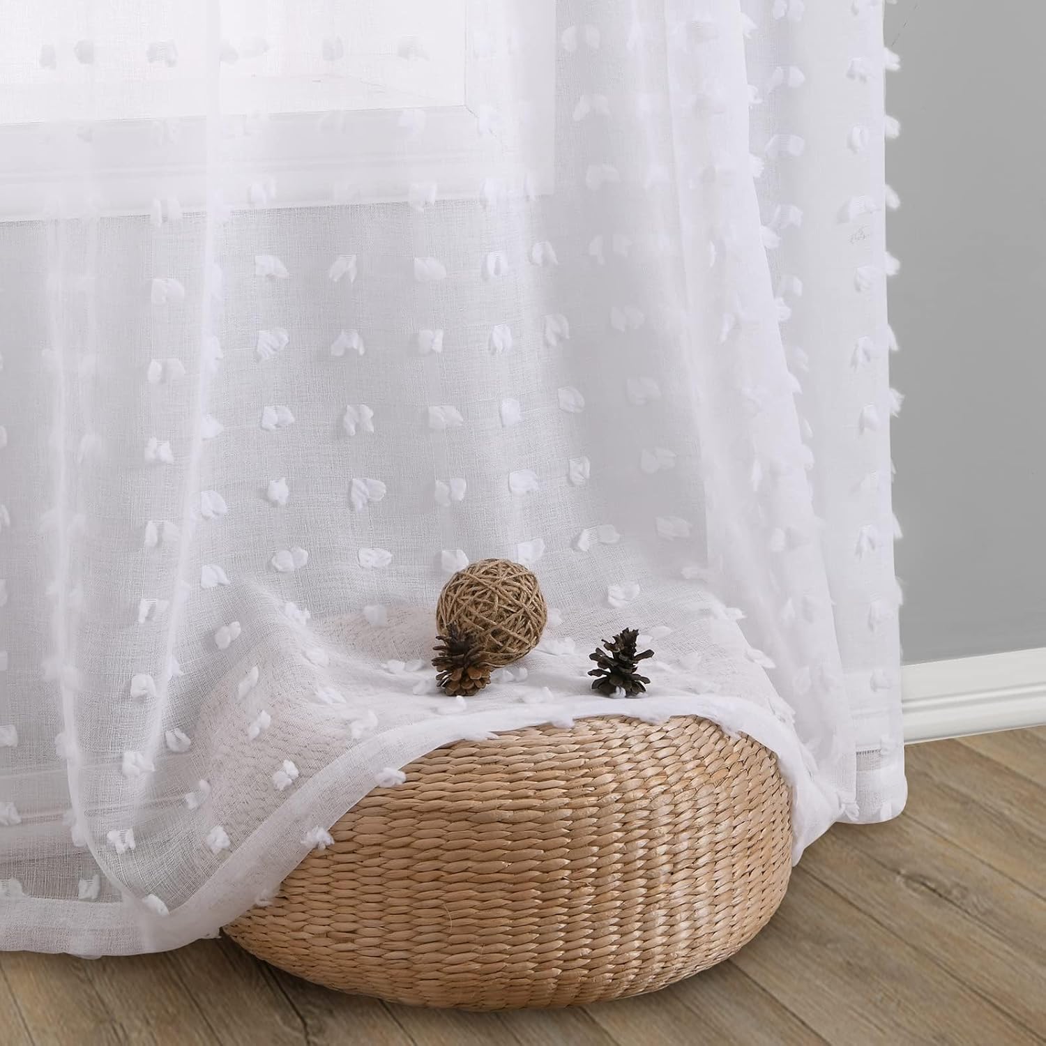 Guken White Pom Pom Curtains 63 Inches Long for Kids Bedroom
