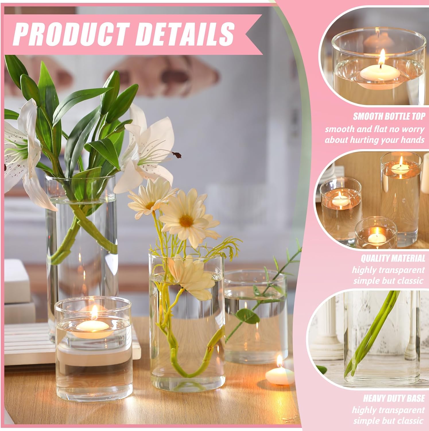 Yungyan 36 Pcs Clear Glass Cylinder Vases with Floating Candles Set
