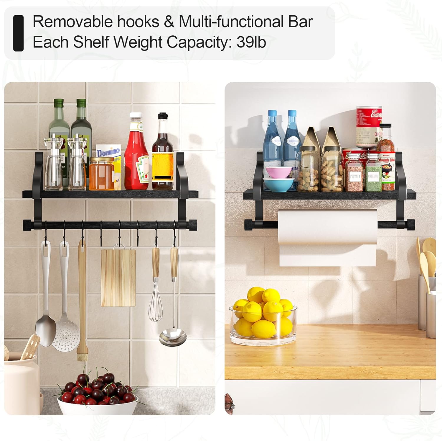 Love-KANKEI Floating Shelves with 8 Hooks Black 173 Inch