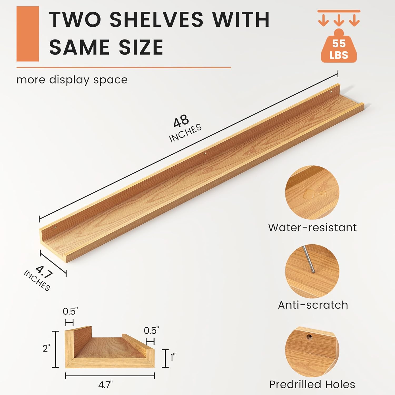 FLYJOE Floating Shelves Set of 2 48 Inch Natural Oak
