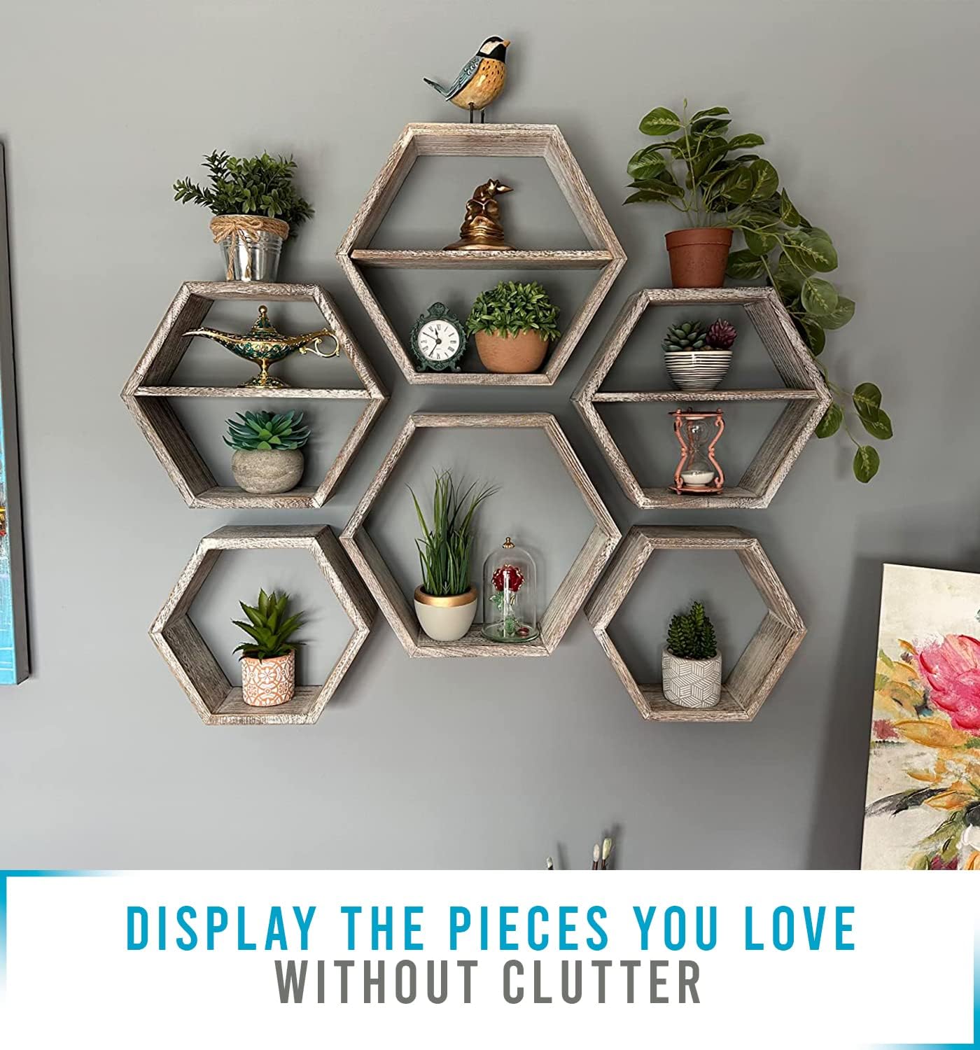 Comfify Rustic White Hexagonal Floating Shelves Set of 3
