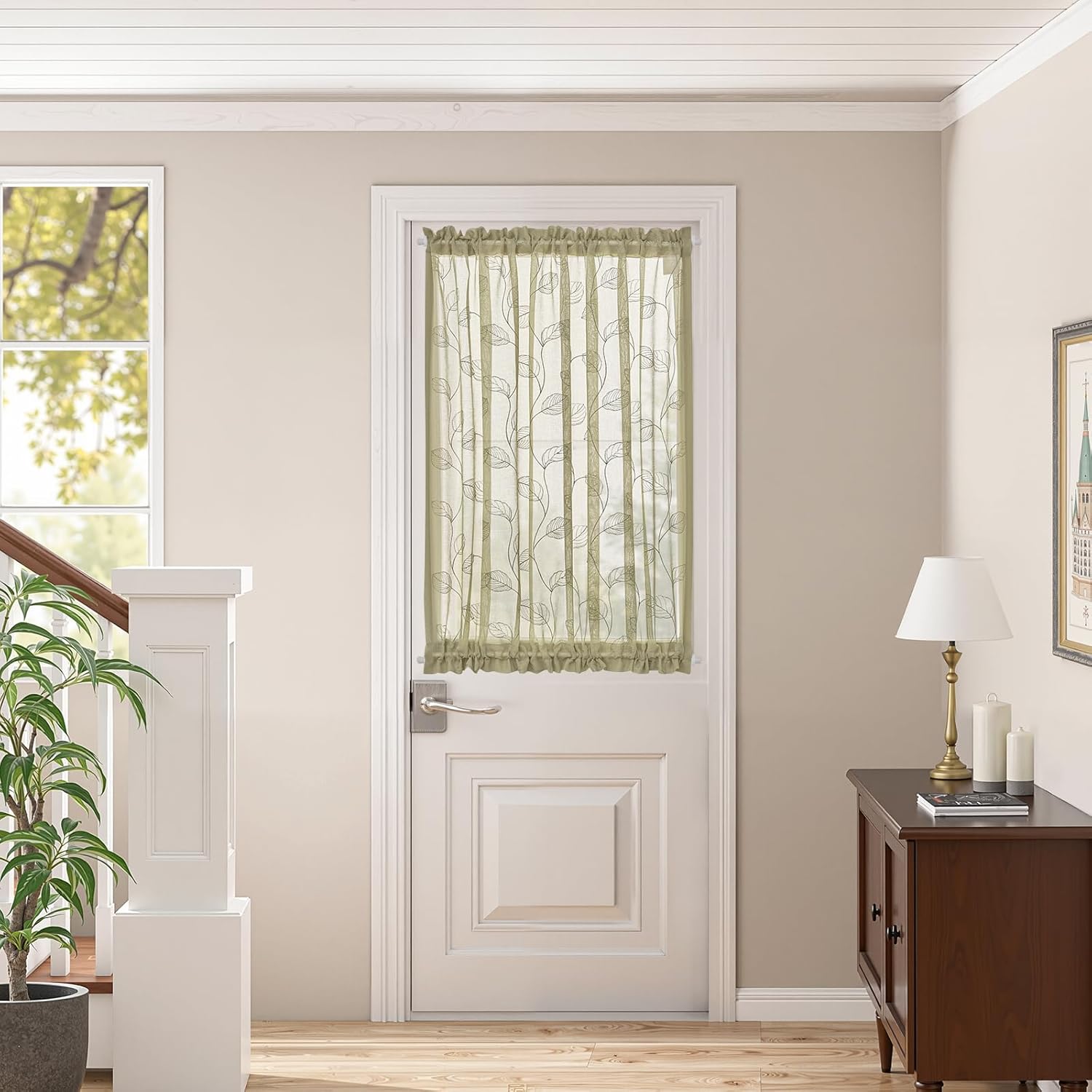 Jinchan Sage Green French Door Curtain with Leaf Embroidery