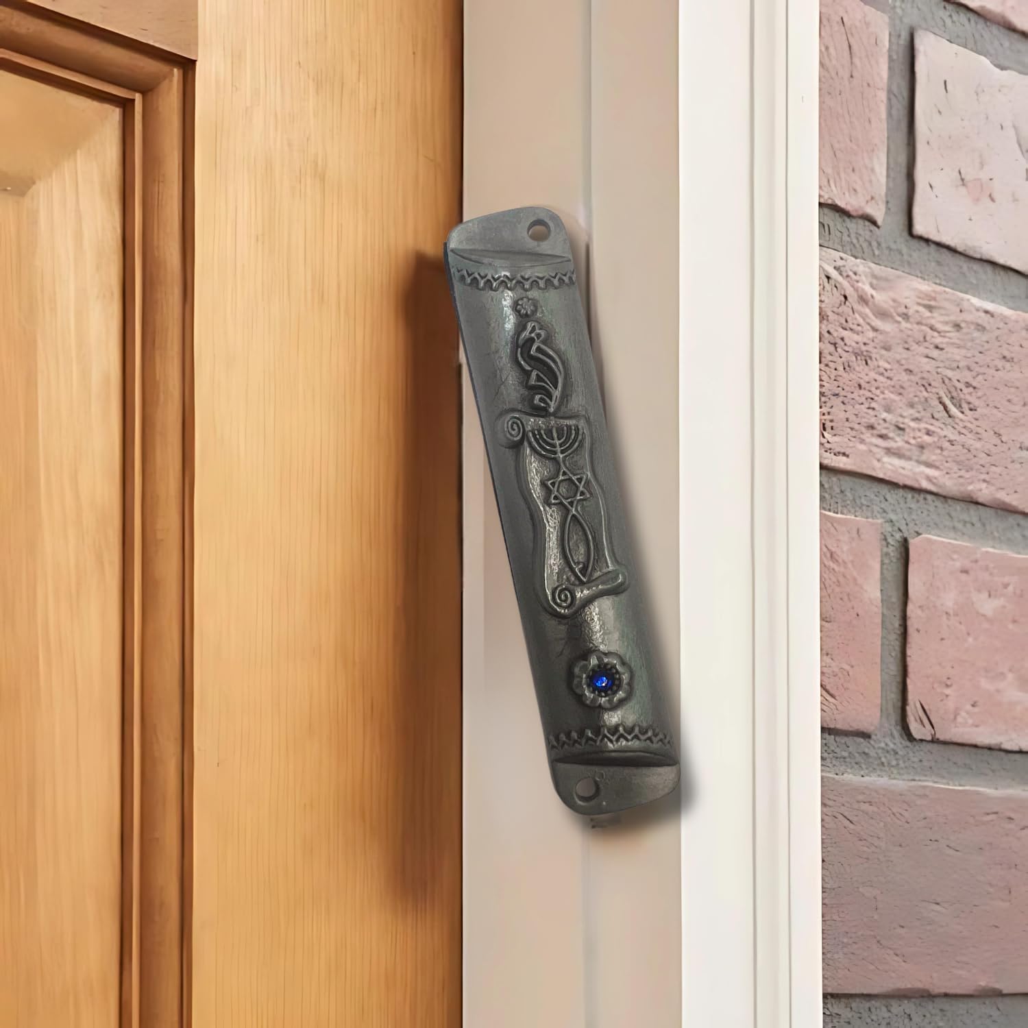 Silver Mezuzah with Scroll - Antique Look Blue Stone Accent 4 Inches Tall
