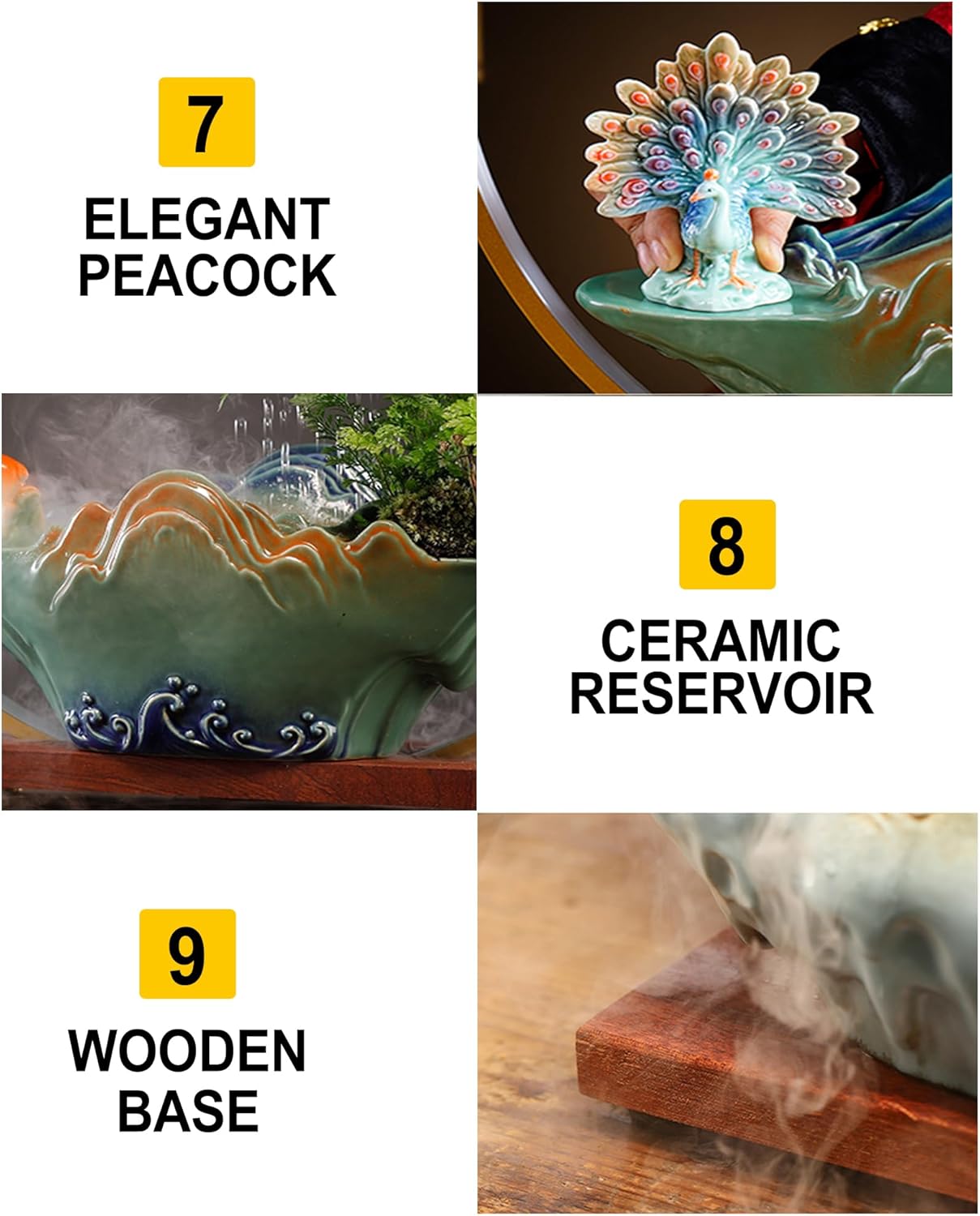 Peacock Tabletop Waterfall Fountain with LED Light