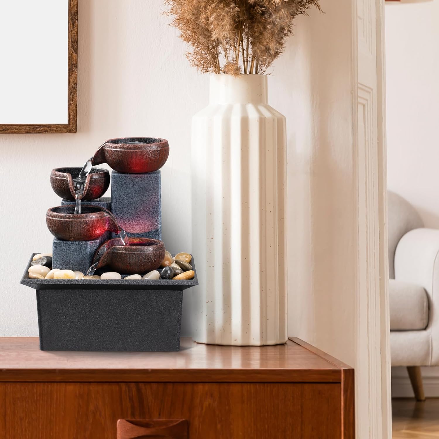 AMOOTEK Tabletop Fountain with LED Lights and Rocks