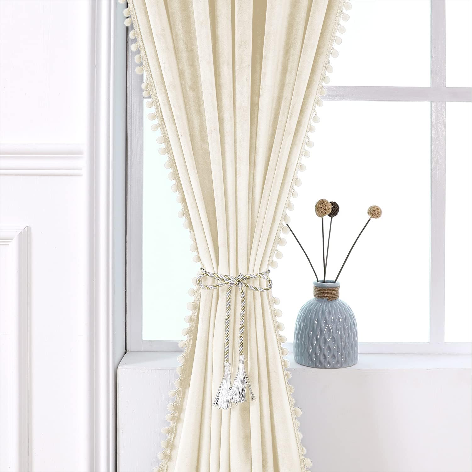 VANASEE Velvet Pompom Curtains 52x63 Inch 2 Panels Blackout