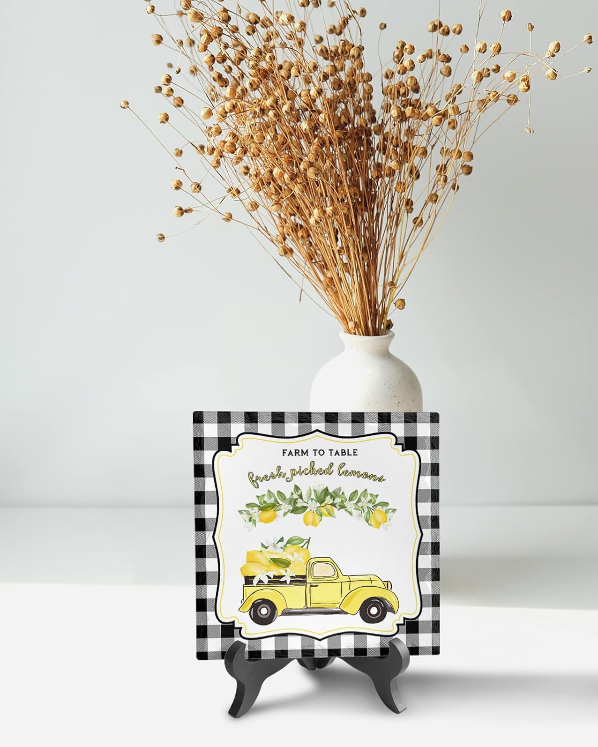 ZOE GARDEN Summer Lemon Black White Buffalo Plaid Farm Check Ceramic Ornament 63x63